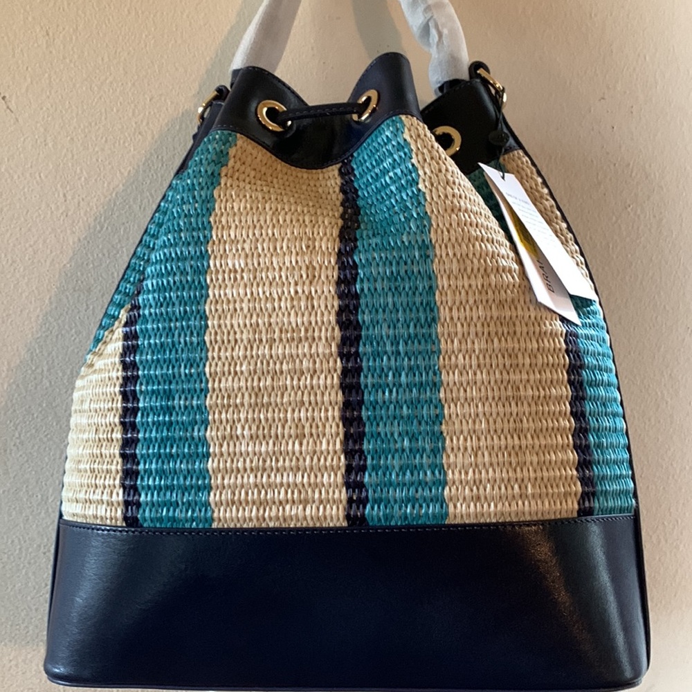 Anguilla Collection Marlowe Striped Drawstring Straw Bucket Shoulder - Picture 8 of 16